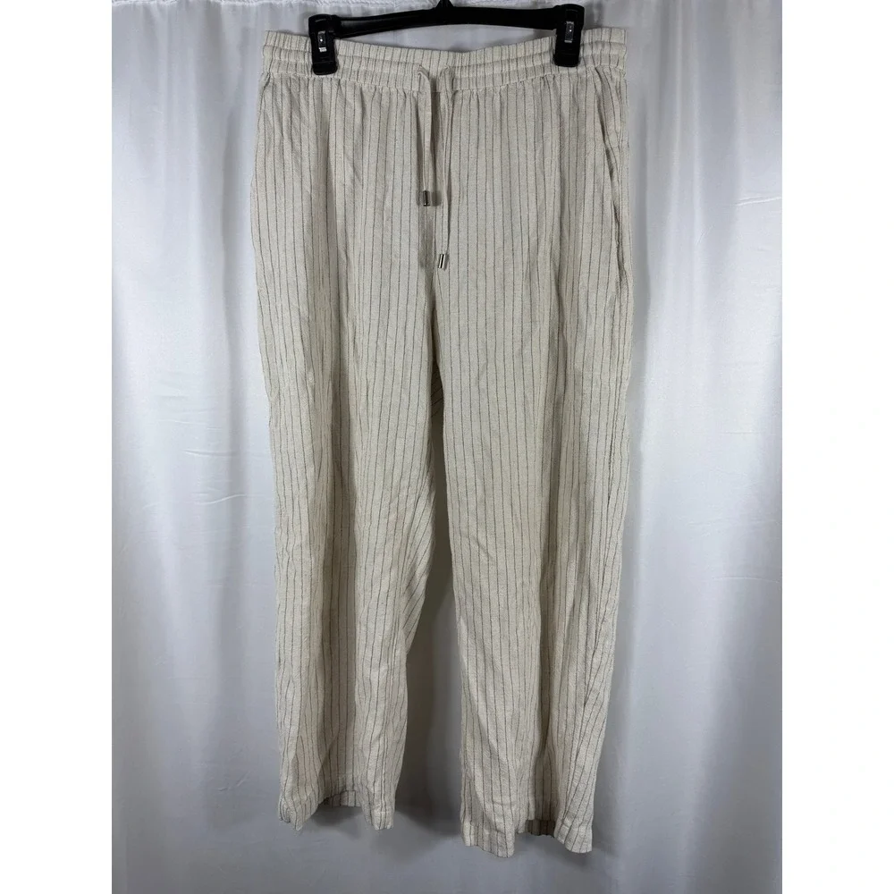ZARA Linen Blend Striped Drawstring Waist Wide Leg Pants‎ Women L Beige Black